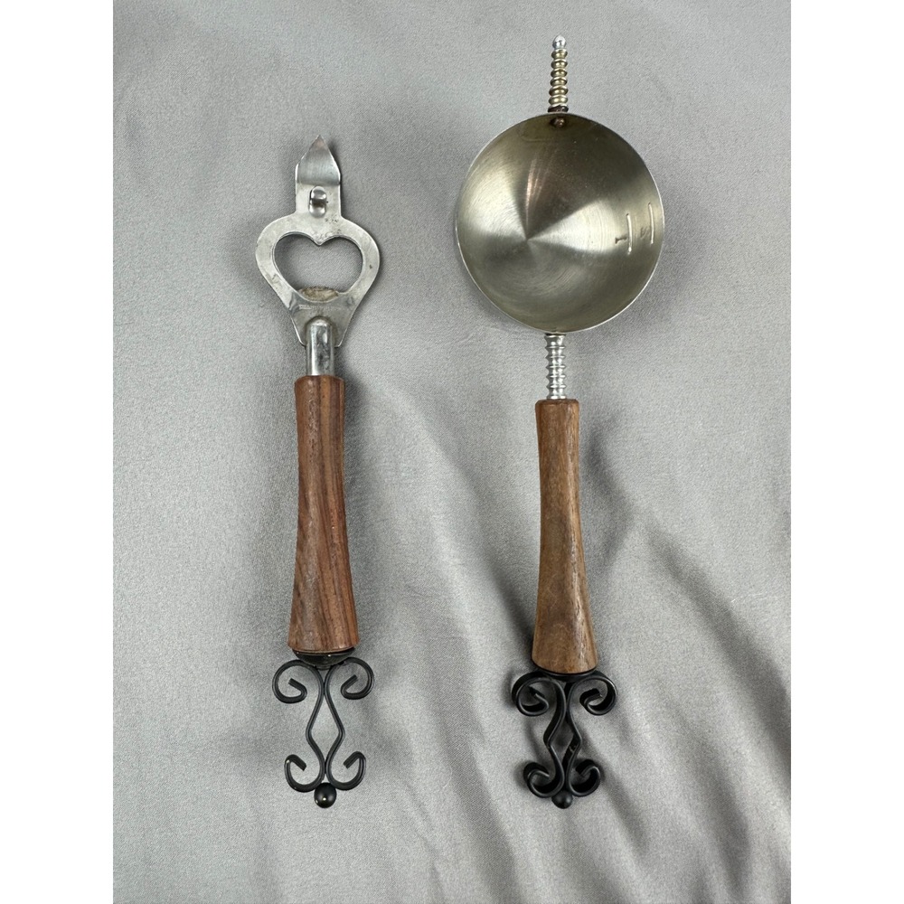 MCM Can Opener‎ Jigger Stainless Steel Wood Handle & Black Decorative Finials
